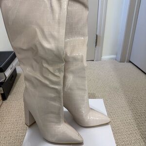 Cream Croc Embossed Knee High Boots, Block Heel, Size 6